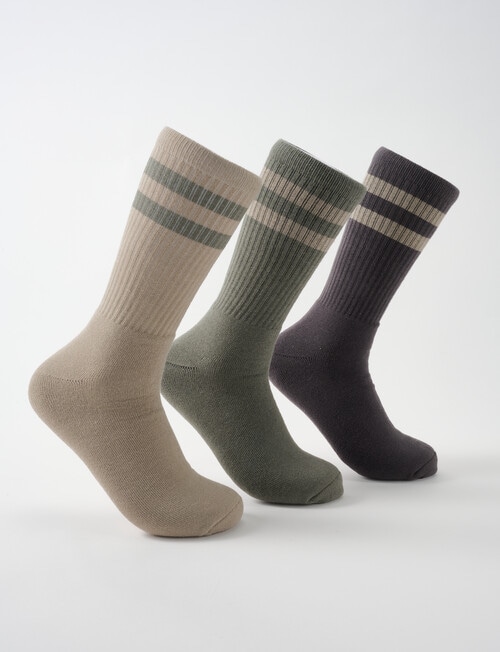 Gym Equipment Stripe Crew Cushion Foot Sock, 3-Pack, Beige, Khaki & Brown product photo