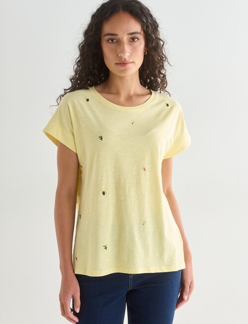 Zest Embroidered Flower Organic Cotton Boxy Tee, Yellow product photo