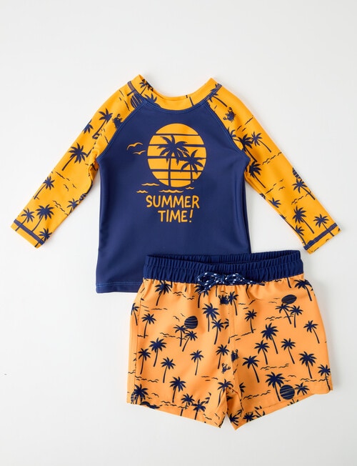 Teeny Weeny Palm Tree Long Sleeve Rash Set, Orange & Navy product photo