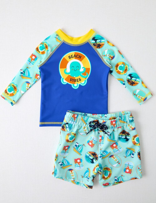 Teeny Weeny Postcards Long Sleeve Rash Set, Aqua & Blue product photo