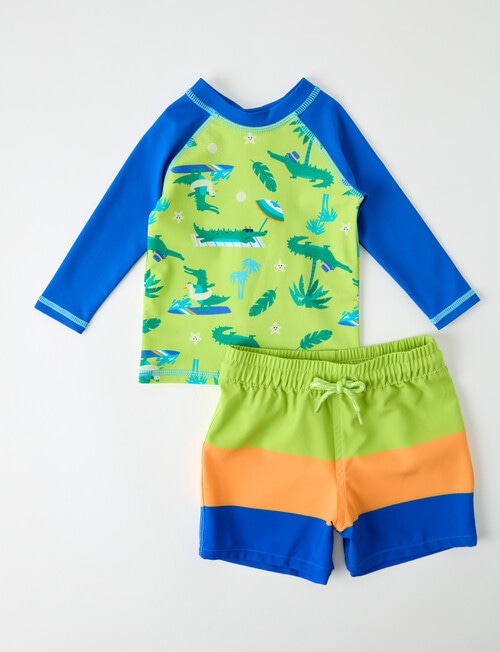 Teeny Weeny Croc Long Sleeve Rash Set, Lime & Blue product photo