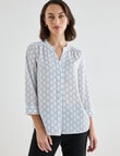 Oliver Black Geometric Print Mandarin Shirt with Cuff, White & Blue product photo