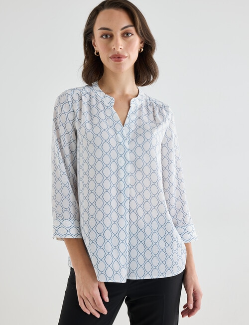 Oliver Black Geometric Print Mandarin Shirt with Cuff, White & Blue product photo