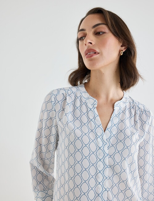 Oliver Black Geometric Print Mandarin Shirt with Cuff, White & Blue product photo View 07 L