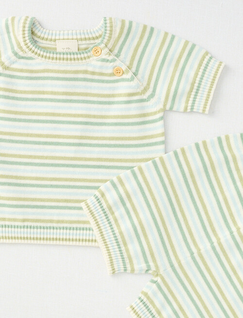 Little Bundle Striped Knit Short-Sleeve Top & Shorts Set, 2-Piece, Sage & Vanilla product photo View 03 L