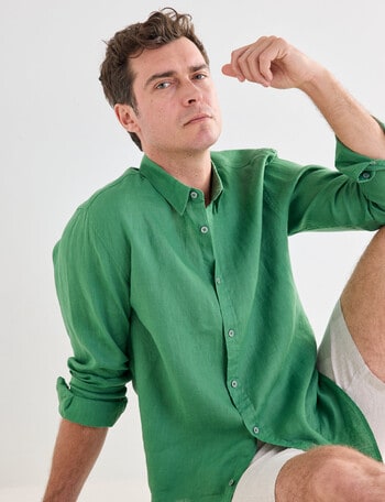 Gasoline Linen Long Sleeve Shirt, Green product photo