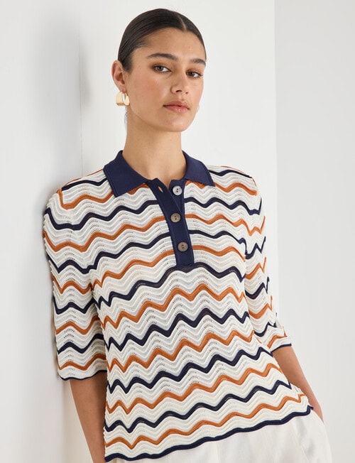 State of play Holly Scalloped Knit Short Sleeve Polo Shirt, Deep Blue product photo