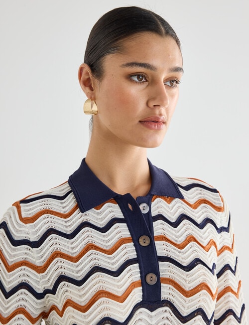 State of play Holly Scalloped Knit Short Sleeve Polo Shirt, Deep Blue product photo View 06 L