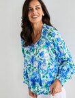 Ella J Print Shirred Waist Top, Blue & Green product photo