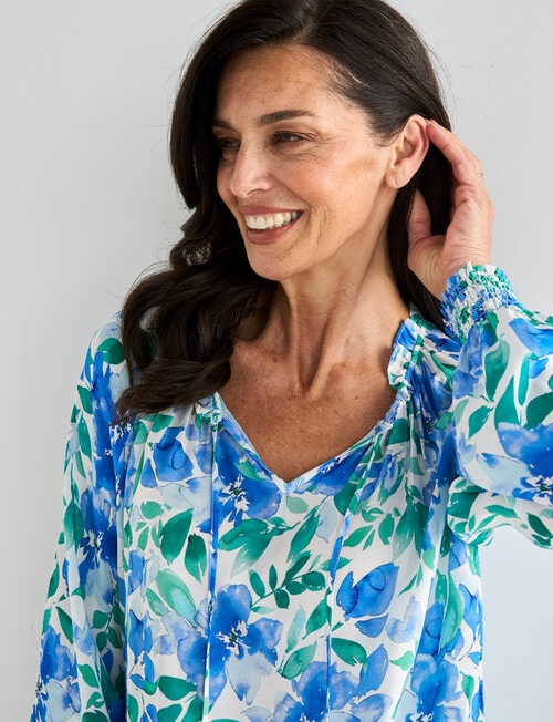 Ella J Print Shirred Waist Top, Blue & Green product photo View 04 L