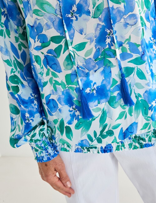 Ella J Print Shirred Waist Top, Blue & Green product photo View 05 L