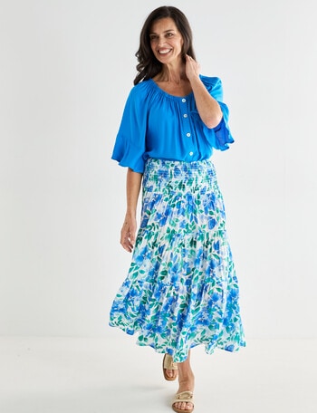 Ella J Shirred Waist Skirt, Blue & Green product photo
