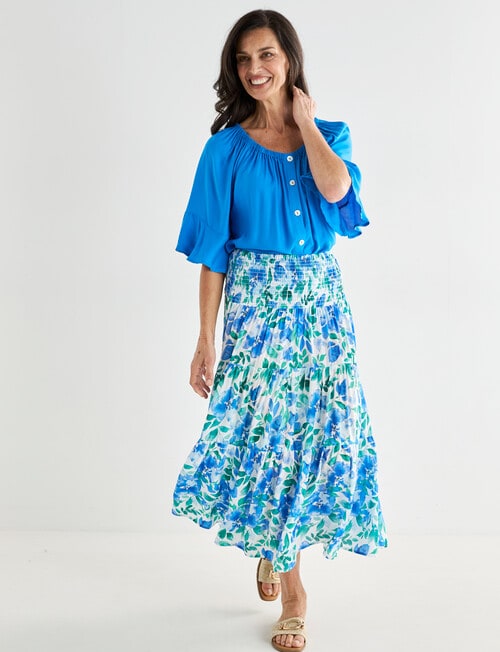 Ella J Shirred Waist Skirt, Blue & Green product photo