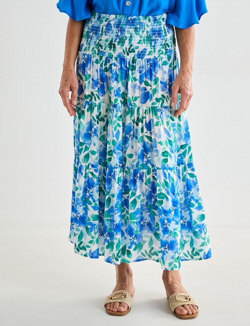 Ella J Shirred Waist Skirt, Blue & Green product photo View 03 L