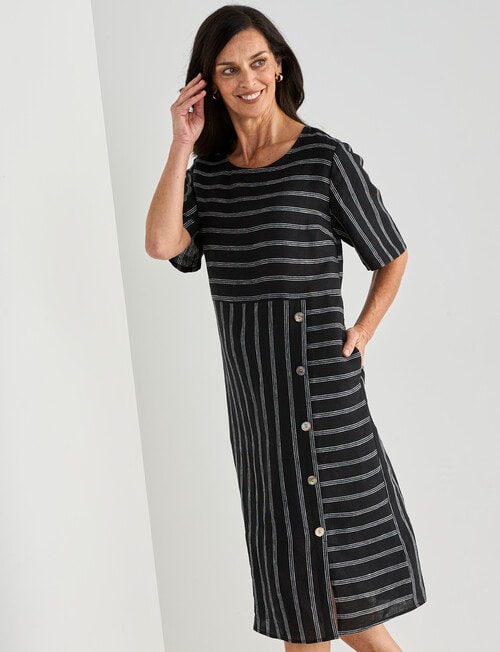 Ella J Linen Button Dress, Black Stripe product photo