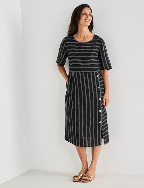 Ella J Linen Button Dress, Black Stripe product photo View 03 L