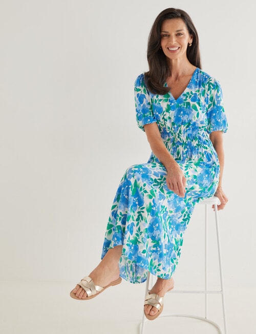 Ella J Printed Elastic Waist Midi Dress, Blue & Green product photo