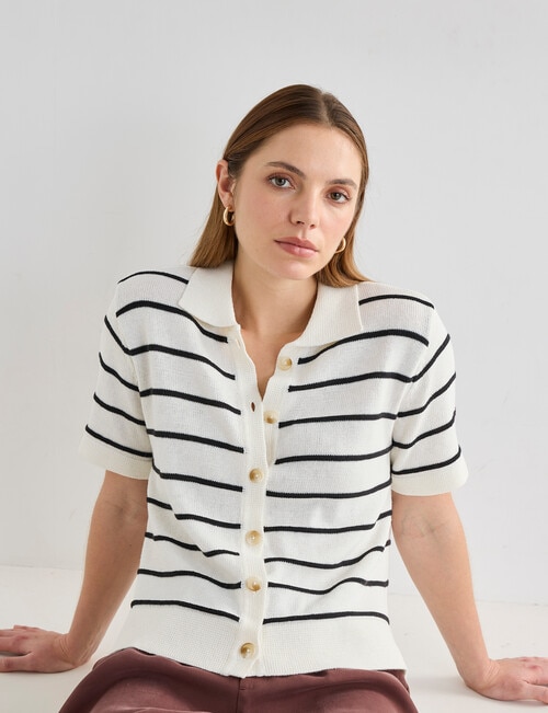 Mineral Flora Stripe Knitwear Short Sleeve Shirt, Black product photo View 04 L