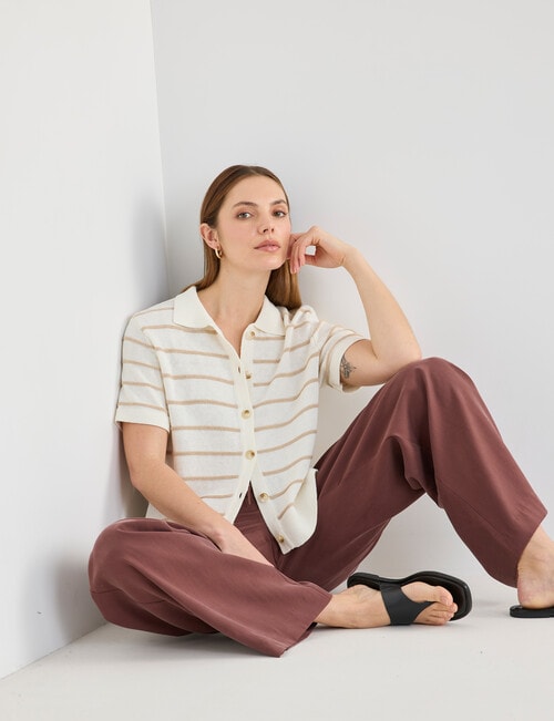 Mineral Flora Stripe Knitwear Short Sleeve Shirt, Natural product photo