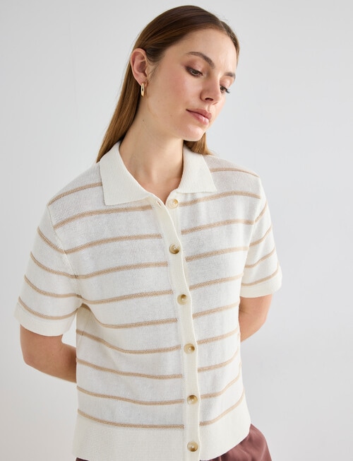 Mineral Flora Stripe Knitwear Short Sleeve Shirt, Natural product photo View 07 L