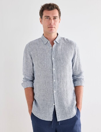 Gasoline Linen Long Sleeve Shirt, White & Navy product photo