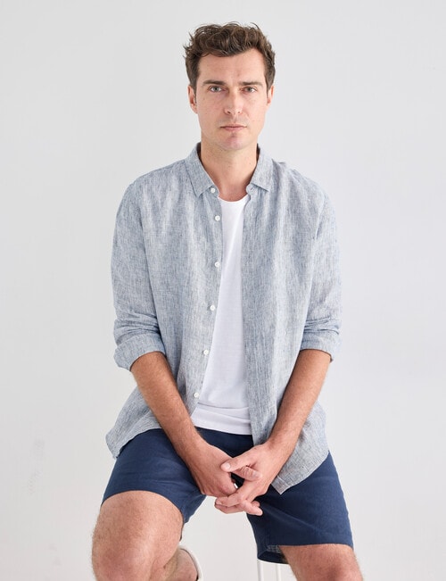 Gasoline Linen Long Sleeve Shirt, White & Navy product photo View 07 L