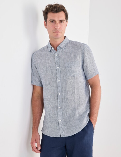 Gasoline Linen Short Sleeve Shirt, White & Navy product photo View 05 L