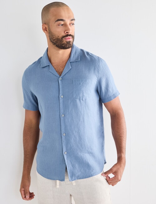 Gasoline Linen Short Sleeve Shirt, Blue product photo