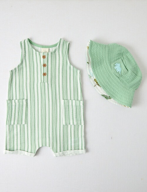 Little Bundle Dino Cheese Cloth Shortall & Hat Set, 2-Piece, Green & Vanilla product photo