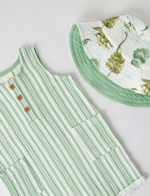 Little Bundle Dino Cheese Cloth Shortall & Hat Set, 2-Piece, Green & Vanilla product photo View 02 L