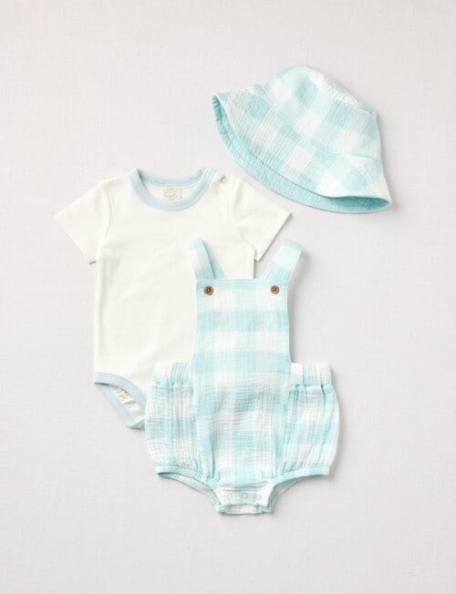 Little Bundle Check Romper, Bodysuit & Bucket Hat Set, 3-Piece, Aqua product photo