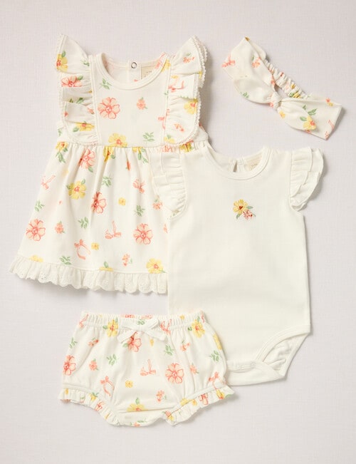 Little Bundle Flower Dress, Bodysuit, Bloomers & Headband Set, 4-Piece, White product photo