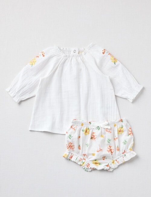 Little Bundle Flower Cheese Cloth Top & Bloomers Set, 2-Piece, White product photo