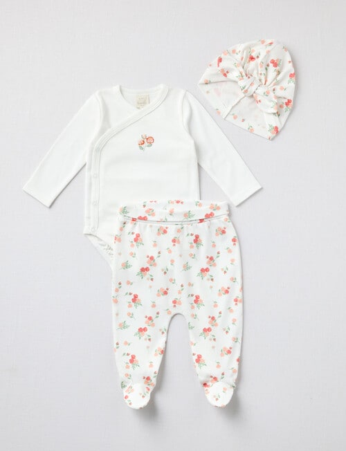 Little Bundle Flower Bodysuit, Crawlers & Hat Set, 3-Piece, White product photo
