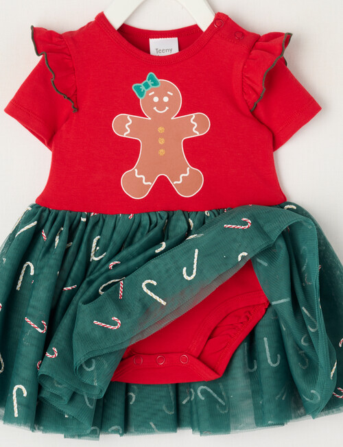 Teeny Weeny Christmas Novelty Gingerbread Man Tutu Bodysuit Dress, Red product photo View 03 L