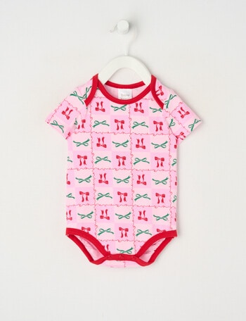 Teeny Weeny Christmas Novelty Bows Short-Sleeve Bodysuit, Pink product photo