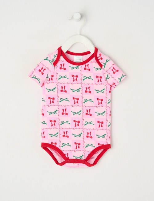 Teeny Weeny Christmas Novelty Bows Short-Sleeve Bodysuit, Pink product photo