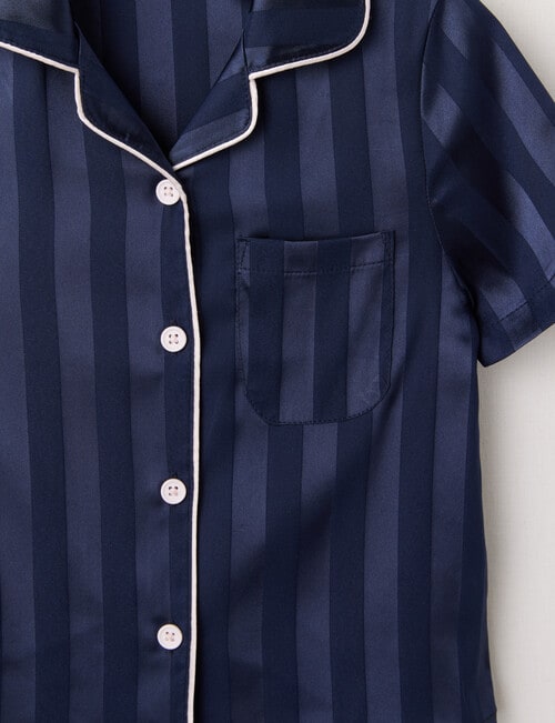 Sleep Mode Stripe Jacquard Satin Short Sleeve PJ Set, Midnight, 2-8 product photo View 02 L