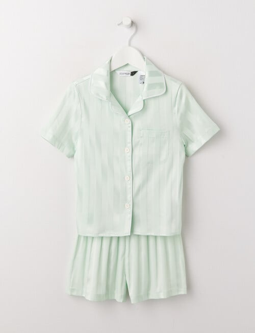 Sleep Mode Stripe Jacquard Satin Short Sleeve PJ Set, Mint, 2-8 product photo