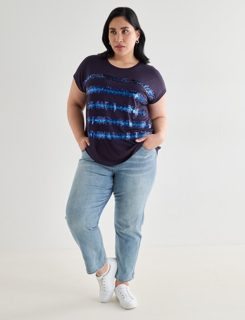 Studio Curve Boxy Tee with Sequin Stripe, Navy product photo View 03 L