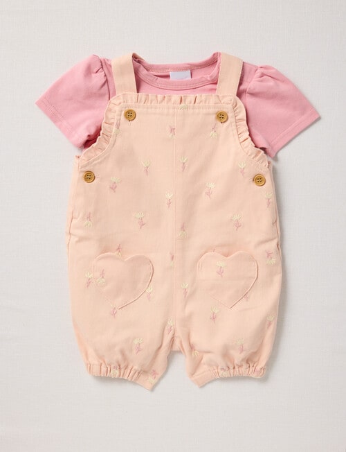 Teeny Weeny Flower Woven Shortall & Tee Set, 2-Piece, Pink product photo