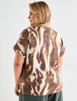 Studio Curve Abstract Animal Linen Blend Button Shell Top, Brown product photo View 02 S