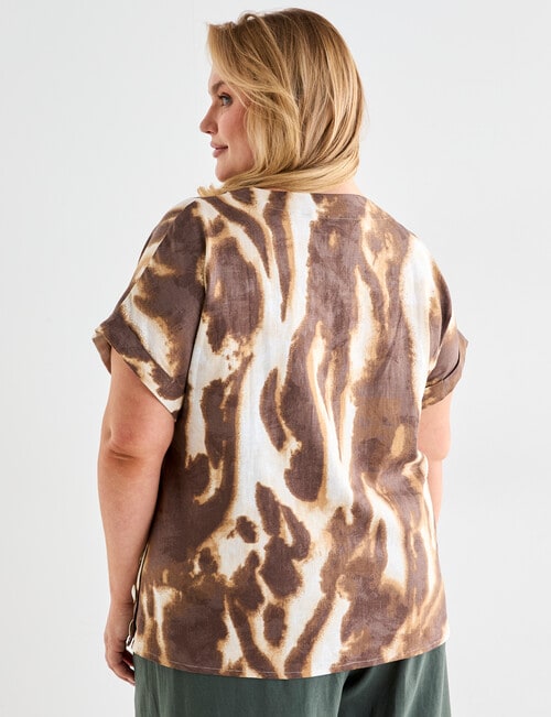 Studio Curve Abstract Animal Linen Blend Button Shell Top, Brown product photo View 02 L