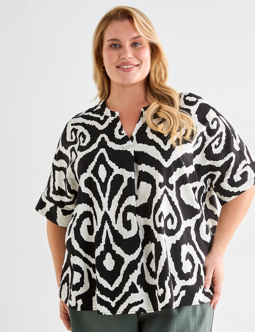 Studio Curve Tribal Linen Blend V Neck Top, Black product photo