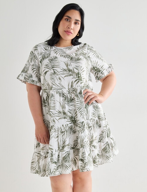Studio Curve Palm Print Linen Blend Tiered Babydoll Dress, Green product photo