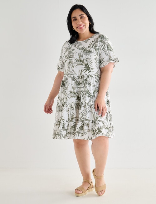 Studio Curve Palm Print Linen Blend Tiered Babydoll Dress, Green product photo View 03 L