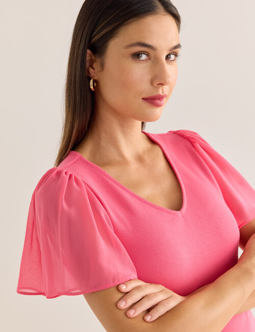 Whistle V-Neck Rib Flutter Sleeve Tee, Pink product photo