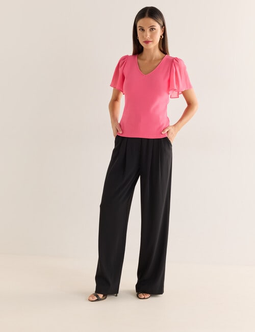 Whistle V-Neck Rib Flutter Sleeve Tee, Pink product photo View 03 L