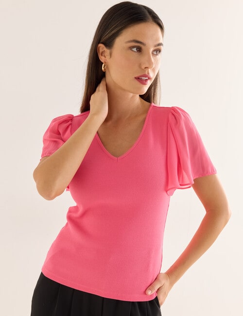 Whistle V-Neck Rib Flutter Sleeve Tee, Pink product photo View 04 L