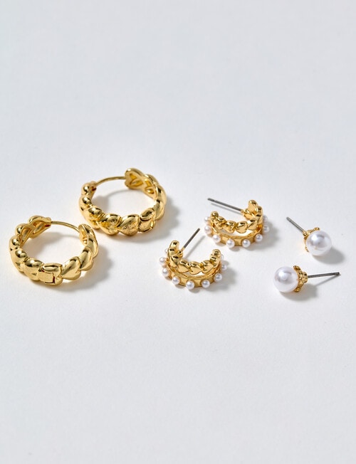 Whistle Accessories Heart + Faux Pearl Earring Set, 3-Pack, Gold Tone product photo